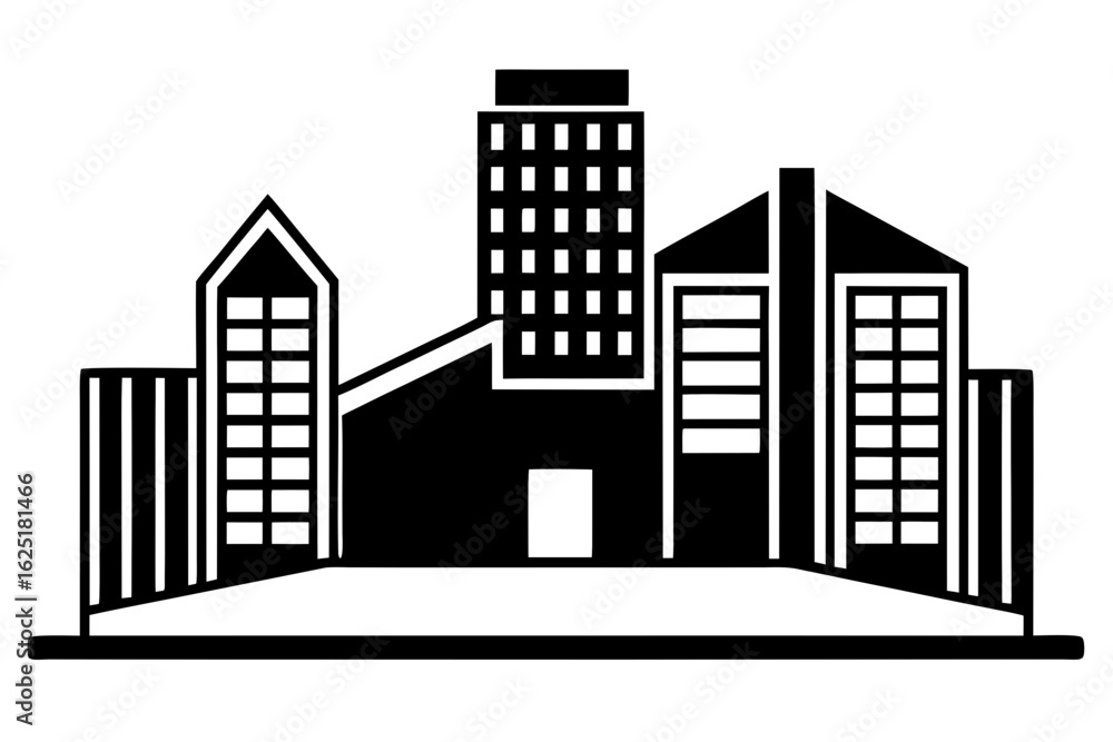 Obraz premium Office Building Skyline Silhouette Vector – Urban Architecture, Cityscape, and Corporate Infrastructure Concept