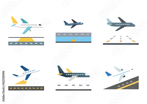 Set of six different images of airplanes taking off and landing