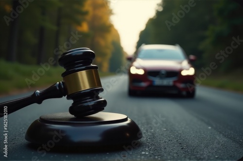 A judge's gavel sits beside a car stopped at the side of the road, suggesting a potential legal or dispute resolution situation