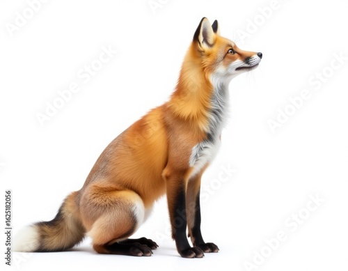 A red fox sits on a white surface, looking alert and curious