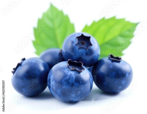 Fresh blueberries with leaves on a white surface, perfect for food or nature photography