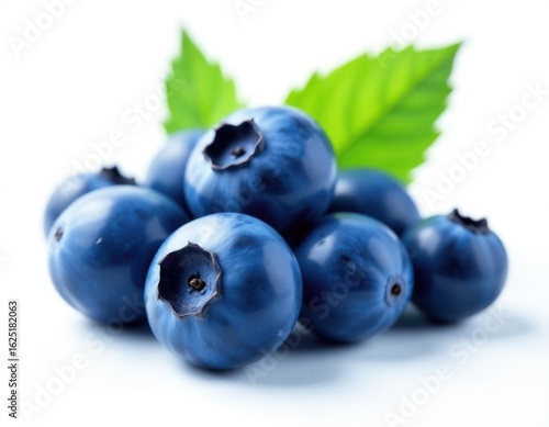Fresh blueberries with leaves arranged on a clean white surface