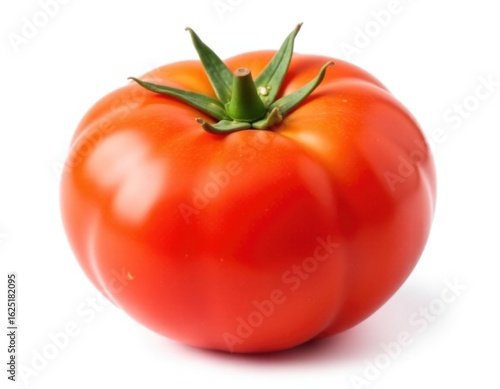 A single red tomato sits on a white background, ready for use in food or still life photography