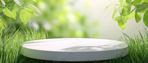 The empty round platform surrounded by lush green foliage and grass.