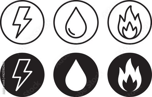 Collection of elemental symbols including electricity water and fire depicted in both outline and solid silhouette styles on a neutral background