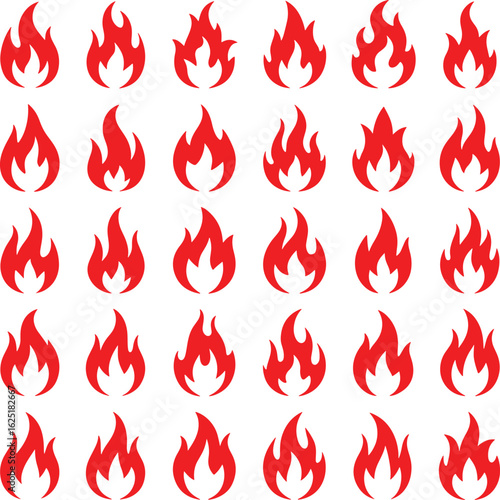 Collection of diverse black fire flame icons in a repeating pattern representing heat and energy silhouette