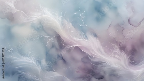 Abstract watercolor feathers and delicate floral sprigs in soft pastel color palette