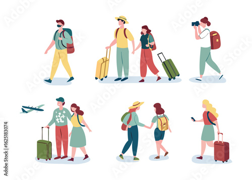 Diverse travelers with luggage enjoying vacation, tourism and travel concept