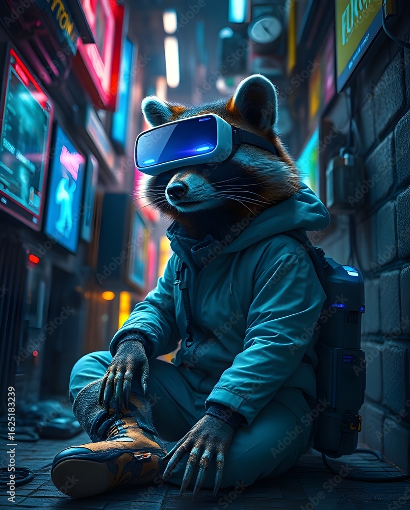 Fototapeta premium A raccoon character in a cyberpunk setting wearing a hoodie and VR visor, standing in a neon-lit alley. Perfect for tech-themed illustrations, games, or futuristic storytelling
