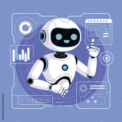 AI chat bot in image robot hanging over screen phone answer questions. Mobile online AI chat bot talk through messenger with user. 