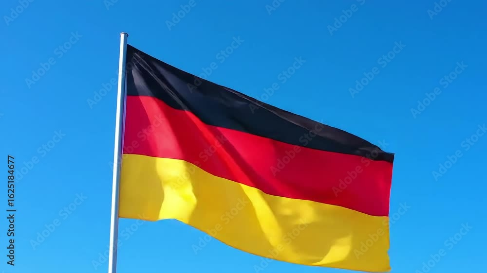 A German flag waving against a clear blue sky on a sunny day with a visible flag pole at left A German flag waving against a clear blue sky on a sunny day with a visible flag pole at left