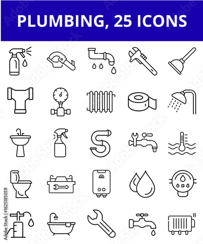 Plumbing icons set featuring tools, fixtures, and symbols for installation  