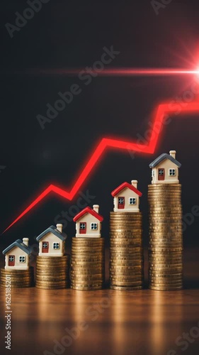 Housing market concept with miniature homes on growing coin piles and upward red arrow, symbolizing property value appreciation, investment, and economic inflation trends.