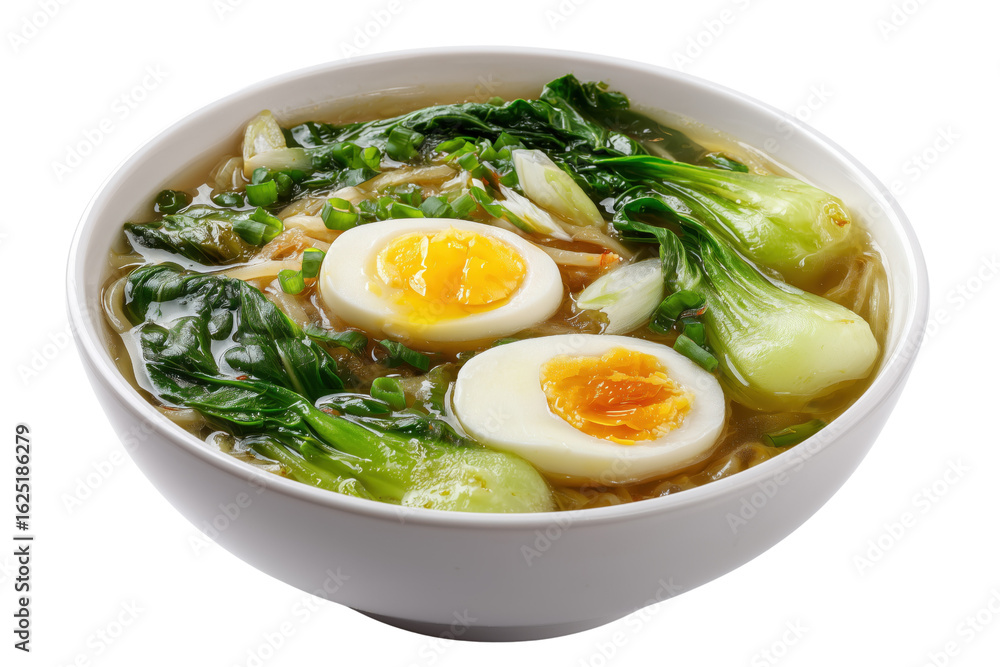Bowl of ramen noodles with bok choy and halved eggs in broth isolated on a transparent background soup Bowl of ramen noodles with bok choy and halved eggs in broth isolated on a transparent background soup