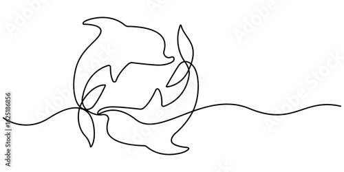 Continuous single drawn one line drawing of whale. Vector illustration, Bottlenose dolphin in single line draw. Simple illustration of dolphin pair line art vector illustration, Editable stroke. 