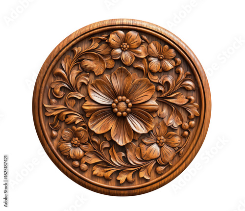 Exquisite wooden carving featuring floral motifs and intricate botanical design on white backdrop
