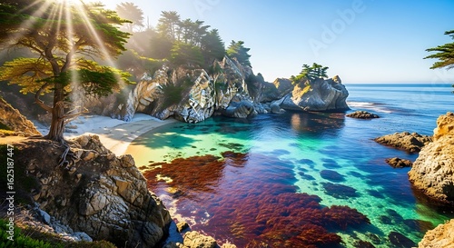 Sunlit cove with turquoise water and rocky cliffs at mcway falls in big sur california