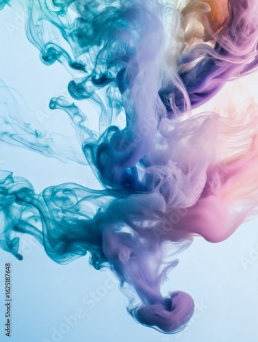 Colorful smoke swirling on white background with flowing curves and vibrant hues