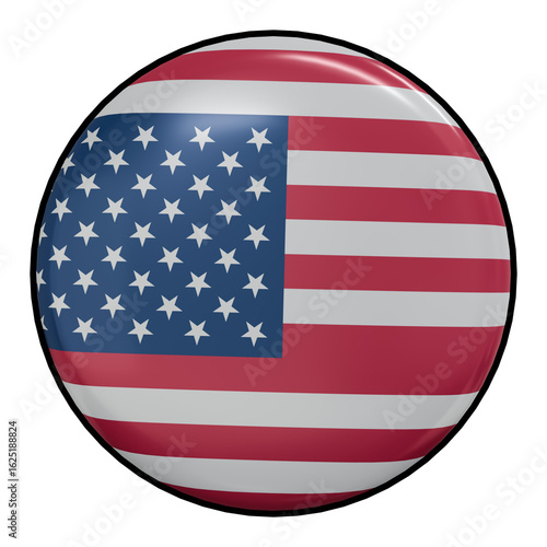 3D circular icon of the United States flag featuring stars and stripes. Ideal for patriotic graphics, Independence Day, or American-themed designs.