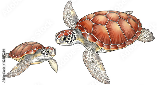 Two turtles are swimming