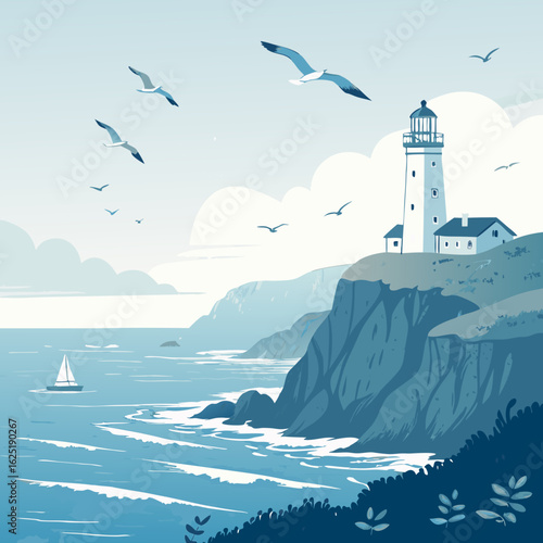 A serene coastal landscape with a lighthouse standing on a cliff, seagulls flying over the blue ocean waves.