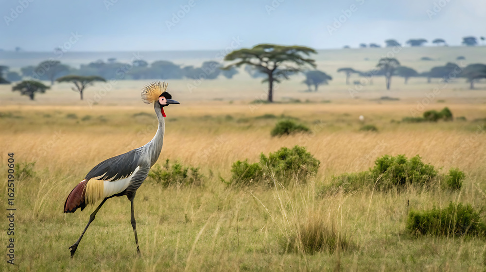 Obraz premium Grey crowned crane walking in the african savanna with trees in background