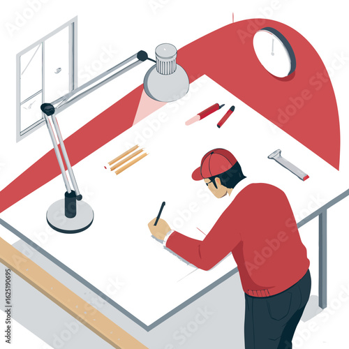 Architect at a drawing board, meticulously planning a project under a bright desk lamp. Isometric illustration of a creative workspace.