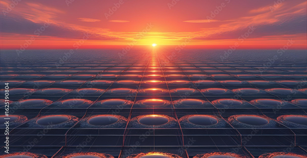 Fototapeta premium Synth wave Sunset over Grid Textured Virtual Landscape - 1