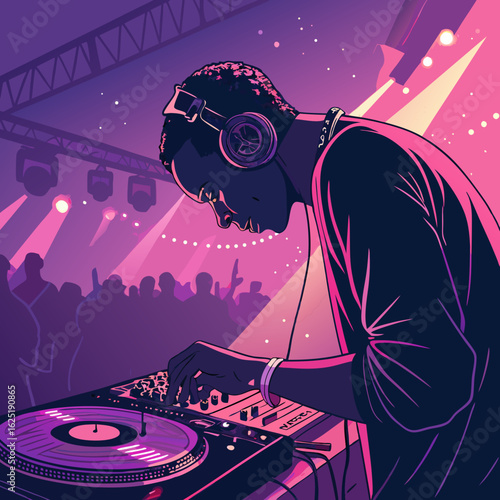 Dynamic illustration of a disc jockey mixing on turntables, performing for a crowd at a vibrant nightclub concert.