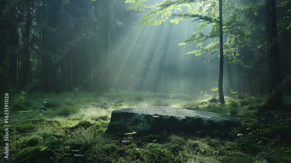 Obraz premium a tranquil forest clearing with soft fog and morning sunlight, a flat stone in the center for product display, cinematic view, 16:9 ratio