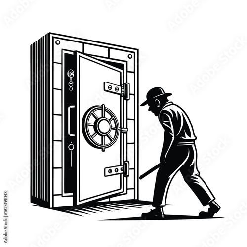 Safecracker breaking into a bank vault, black icon silhouette of a criminal and a safe door on a white background