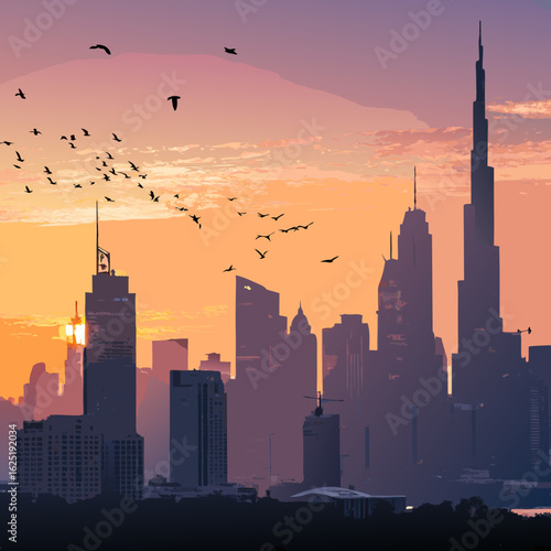 Modern city skyline silhouette with towering skyscrapers and birds against a vibrant sunset over distant mountains.