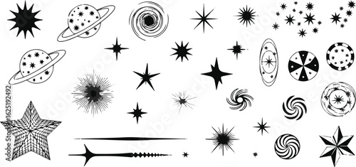 Set of space elements stars planets and galaxies on white background