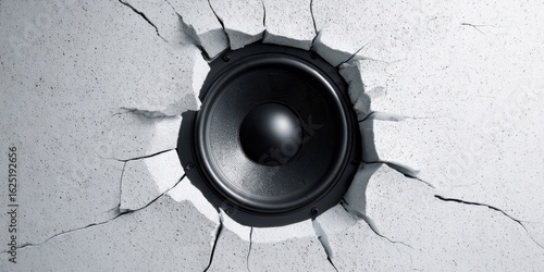 The speaker bursting through a cracked wall, showcasing powerful sound energy.