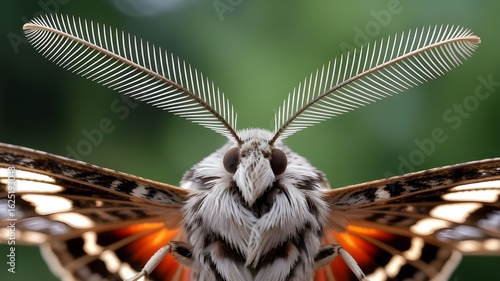 Detailed moth portrait with feathery antennae against green background