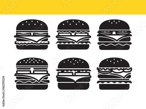Set of six black hamburger and cheeseburger vector icons in a flat silhouette style for fast food restaurant menus and branding