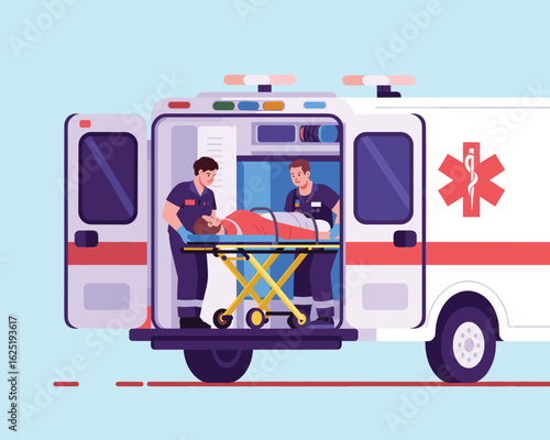 Paramedics loading a patient on a stretcher into an ambulance car. Flat vector illustration.
