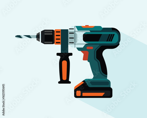 A flat vector illustration of a modern cordless power drill for construction or DIY projects.