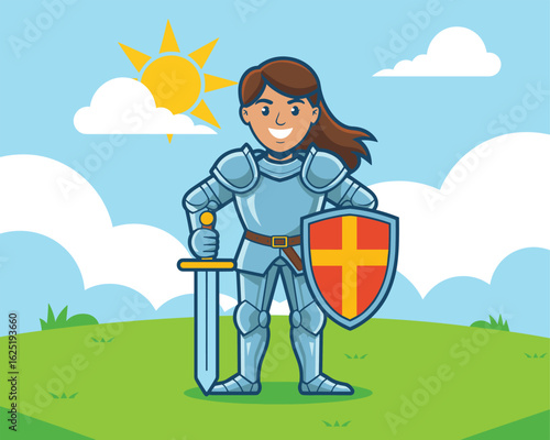 Smiling female knight in armor with sword and shield. Flat vector illustration.