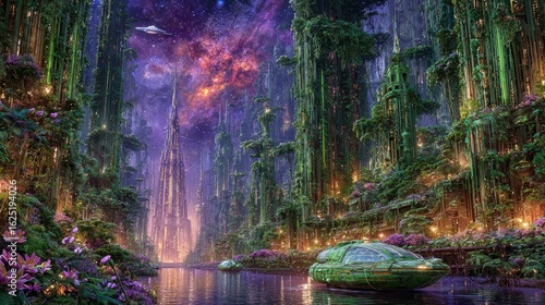Fantasy Cityscape In Glowing Forest By River