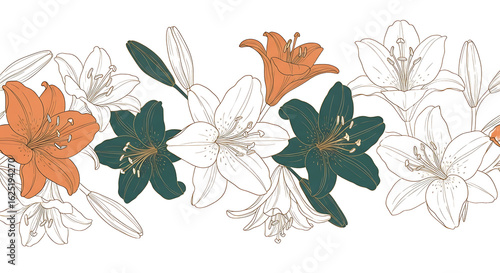 Hand-drawn pink lily illustration with a hand holding a blossom, perfect for a spring floral vector pattern design