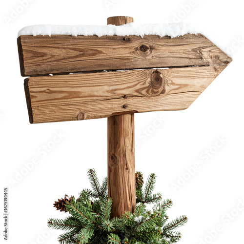  Rustic Wooden North Pole Sign with Snow Accents and Pine Branches, Angled Side View, Isolated on Transparent Background