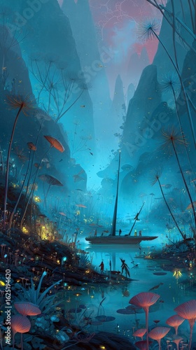 Glowing Night River Valley Scenery