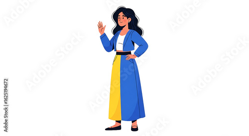 A smiling woman in an elegant blue dress poses in a studio, radiating beauty and fashion