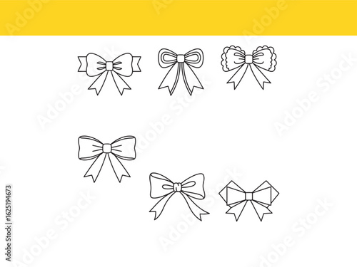 A versatile set of six different bow and ribbon illustrations. Clean, simple line art outlines perfect for decorative design elements.