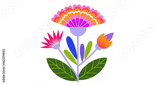 Colorful isolated floral illustration: a vibrant pink flower with green leaves, a beautiful summer blossom design