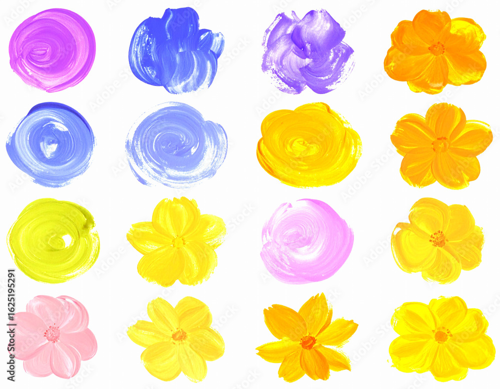 Naklejka premium Bright acrylic flower painting with yellow and purple petals on white background. Artistic brush strokes give an expressive and modern look. Colorful and creative floral abstract design.