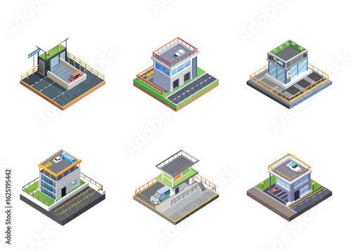 Isometric vector design of modern urban buildings with cars and pedestrian zones