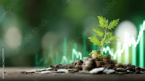 Green Plant Growing From Stacked Coins With Financial Chart Background