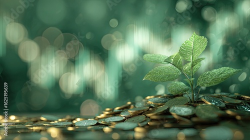 Growing Plant On Pile Of Coins